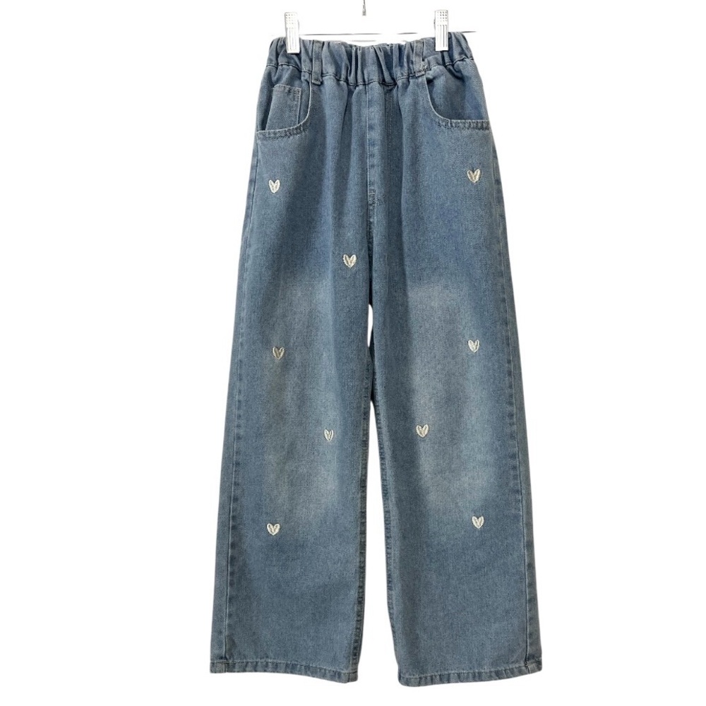 Girl’s Embroidered Hearts Wide Leg High Rise Denim Blue Jeans Size 8-10